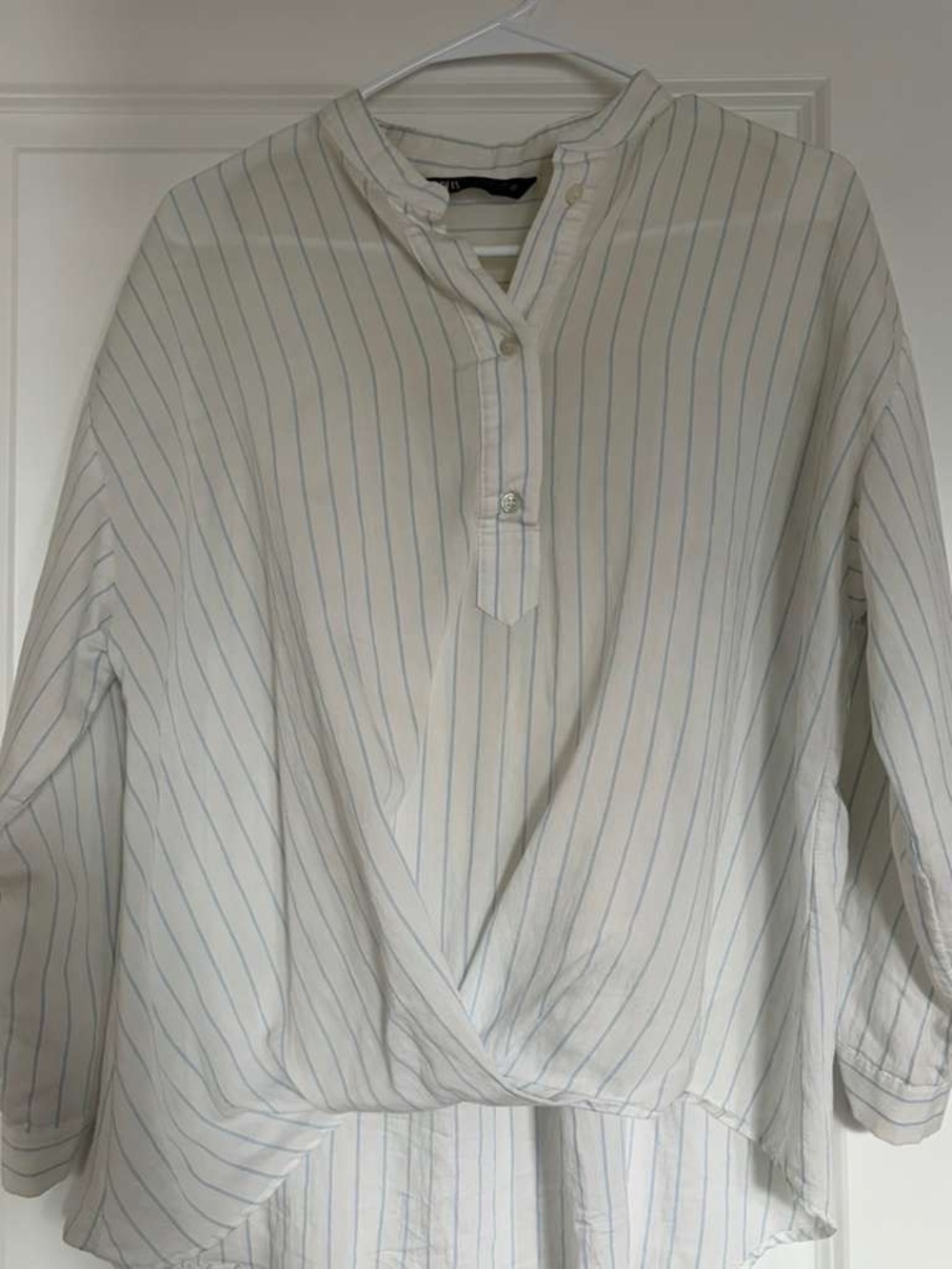 Zara White Blouse with Light Blue Pinstripes